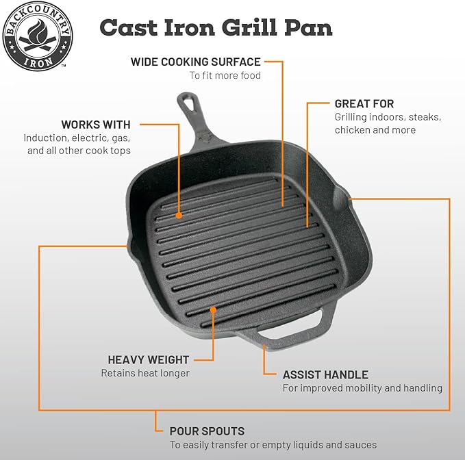 Backcountry Iron 10.5 Inch Square Grill Pan Medium Pre-Seasoned Cast Iron