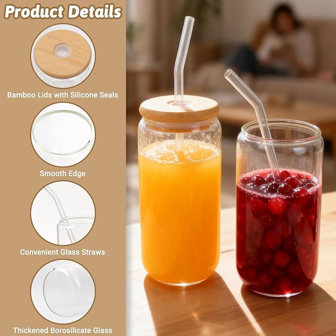 Alotpower Borosilicate Glass Cups with Lids and Straws, 16 oz Reusable Tumbler Set (6-Pack) Includes Bamboo Lids, Glass Straws & Brush for Iced Coffee, Bubble Tea, Cold Beer, Juice
