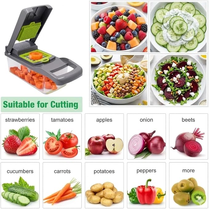 Mandoline Vegetable Chopper Pro, 16-in-1 Kitchen Food Slicer and Dicer with Container, 8 Interchangeable Blades, Gray and Green