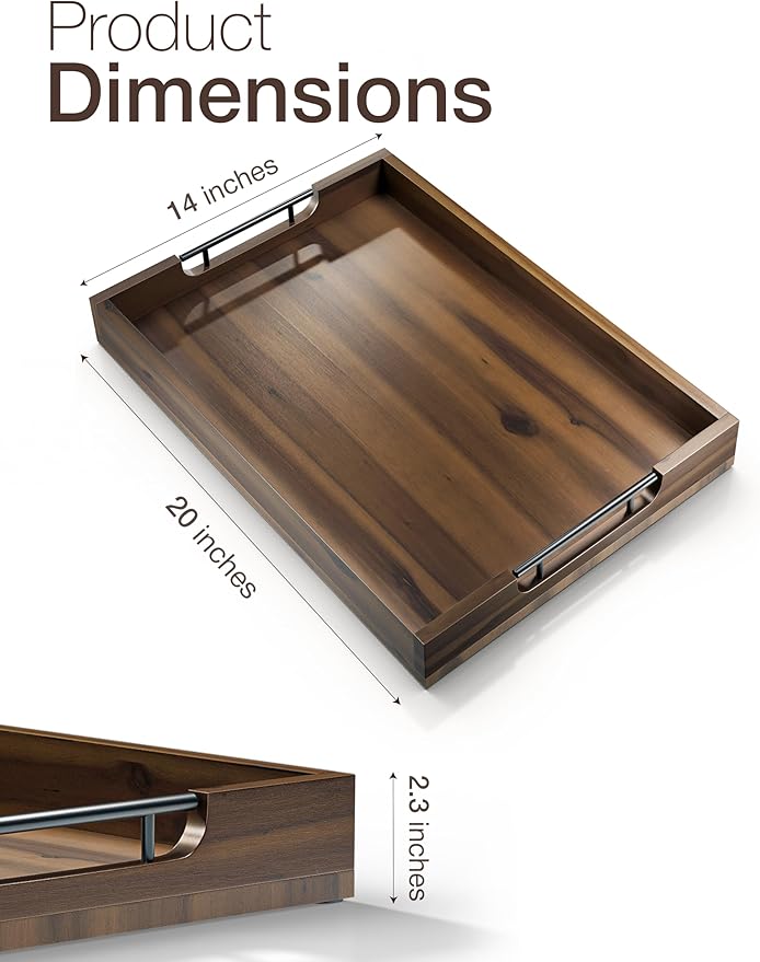 20 x 14 Inch Large Wooden Tray for Ottoman – Large Ottoman Tray for Living Room, Decorative Serving Tray with Handles, for Coffee Table, Kitchen Counter & Home Decor