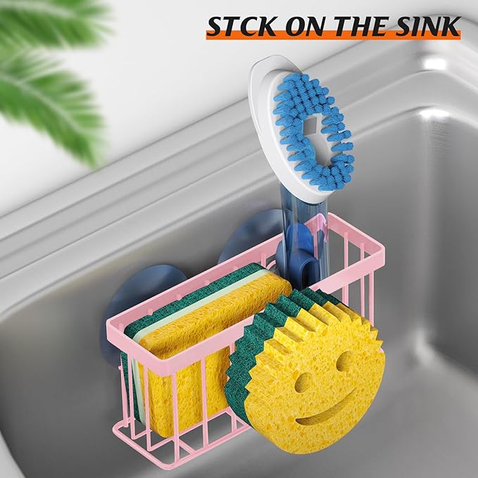 Sponge Holder Smiley Face, Sink Organizer with 2 Suction Cups/1 Adhesive Strips,Designed for Sponge,Soap,Dish Brush,Scrubber - Pink