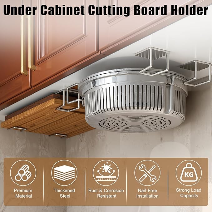 Under Cabinet Cutting Board Holder – 12 Pack Pot Lid & Chopping Board Organizer Rack, Stainless Steel Adhesive Storage for Kitchen Cabinets & Counter, No Drilling Required (Silver)