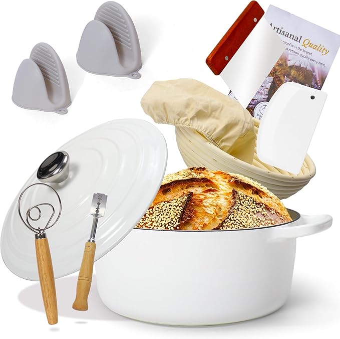 LEADKooKers 5QT Enameled Cast Iron Bread Oven with Proofing Basket for Bread Baking, Bread Making Supplies Tools,Heavy-Duty Cookware for Braising, Stews, Roasting, Bread Baking (White)