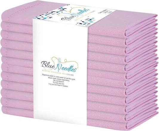 Blue Needles Set of 12 Hemstitch Linen Napkins 100% Cotton Blush Pink Cloth Dinner Napkins 18x18 inches, Soft, Reusable, Absorbent, Washable, Ideal for Wedding Events, Parties & Everyday Use