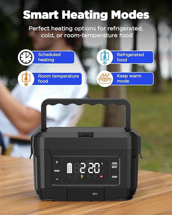Cordless Electric Lunch Box for Adults – 1.2L Stainless Steel Self-Heating Lunch Box with 20000mAh Removable Rechargeable Battery, Portable Heated Food Warmer for Work, Travel & Office(BK)