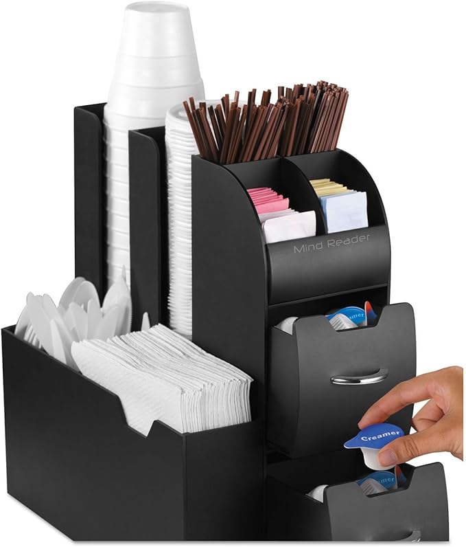 Mind Reader Cup and Condiment Station, Countertop Organizer, Coffee Bar, Kitchen, Stirrers, 5.35"W x 11.25"L x 11.15"H, Black