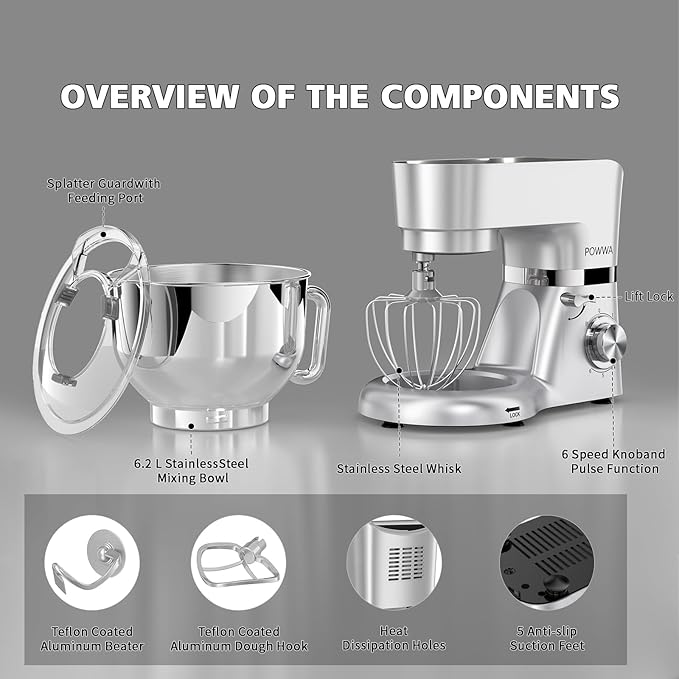 POWWA 7.5 Quart Electric Mixer, 6+1 Speed 660W Tilt-Head Kitchen Food Mixers with Whisk, Dough Hook, Mixing Beater & Splash Guard for Baking, Cake, Cookie (Silver)