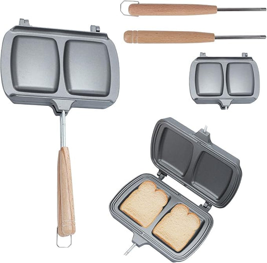 Qivine Breakfast Sandwich Maker, Double-Side Hot Dog Toaster, Nonstick Sandwich Baking Pan Hot Dog Bun Pan, Campfire Sandwich Maker With Removable Handle for Breakfast Pancakes, Toast, Omelets