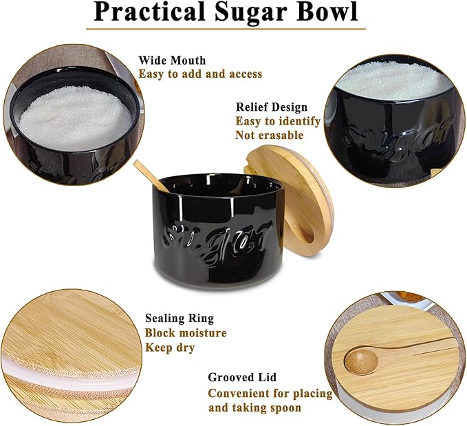 Sugar Bowl with Lid and Spoon, 16 OZ Airtight Sugar Container for Coffee Bar, Farmhouse Ceramic Jar, Sugar Holder Coffee Bar Accessories for Countertop, Black