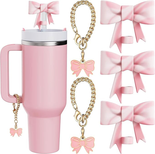 Compatible with Stanley Cup Accessories - 3Pcs 10mm Bow Straw Topper Compatible with Stanley Cup Straw Cover Cap, 2pcs Pink White Bow Charms for 30&40 Oz Tumbler with Handle