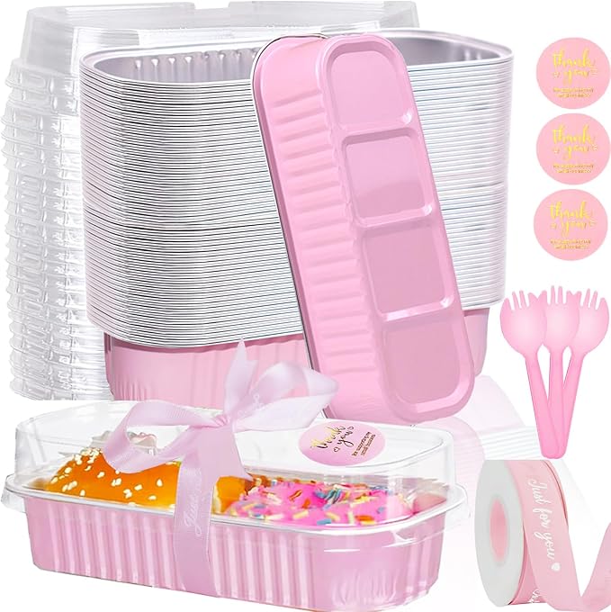 BZIDII 50 Pack Mini Loaf Pans with Lids and Spoons, 6.8 Oz Mini Cake Pans with Lids for Baking,Pink Disposable Rectangle Aluminum Foil Loaf Pan with Ribbon Stickers，Small Cake Containers Tin（Pink）