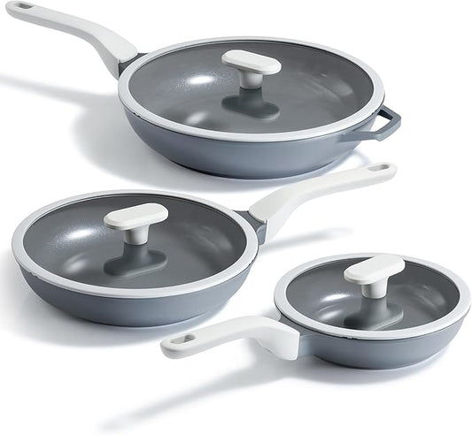 PRICUSIS 8Pcs Ceramic Nonstick Frying Pan Set with Lid, 8+10+12 Inch Induction Compatible Skillet with Stay Cool Handle, Fully Coated, 100% Dishwasher Safe, PFAS & PTFE & PFOA Free (Blueberry Gray