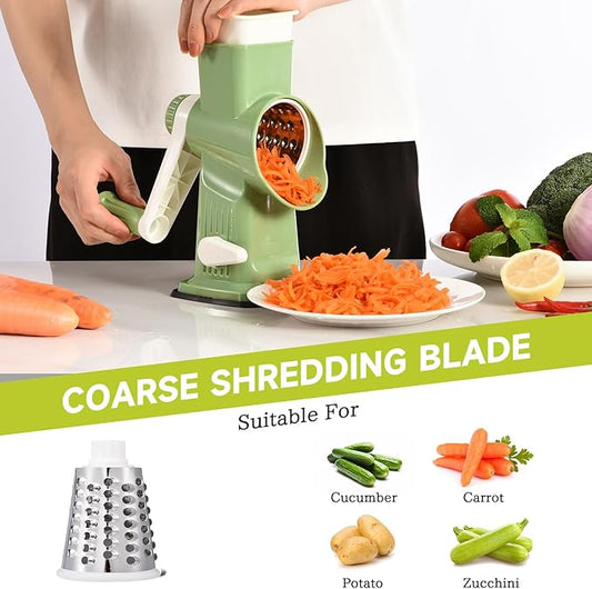 Rotary Cheese Grater with Handle Kitchen Shredder Slicer Grater Slicer Ice Shaver Cheese Vegetable Nuts Potato Zucchini Chocolate 3 Interchangeable Blades (Green)