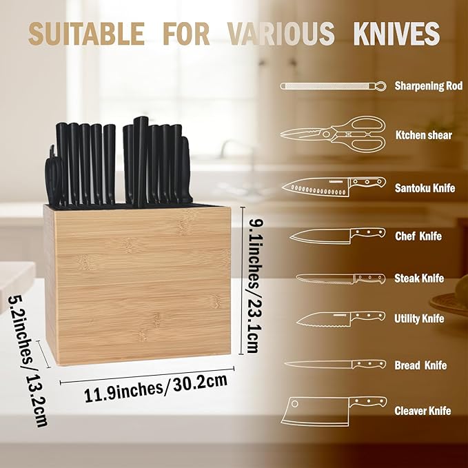 XXL Detachable Universal Knife Block for 28+ Knives, Natural Bamboo Wood Holder with Unique Easy-Clean Slots, Hygienic Countertop Storage, Dual Slots for Scissors & Sharpening Rod