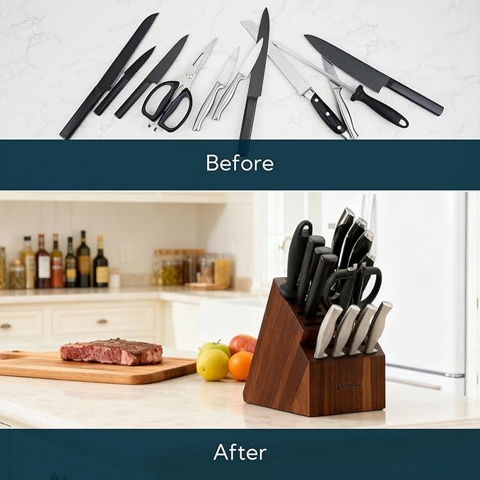 KITCHENDAO 20 Slot Acacia Wood Knife Block without Knives, Universal Knife Holder for Kitchen, Holding Multiple Types of Knives, Countertop Butcher Block Knife Stand for Easy Kitchen Storage