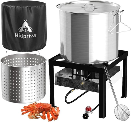 Hidpriva 80QT Crawfish Boiler Kit, Waterproof Cover & 18-inch Skimmer, 110,000BTU Propane Burner Stove, 0-20PSIG Regulator, Aluminum Seafood Boil Pot, Crab Boil Pot with Basket