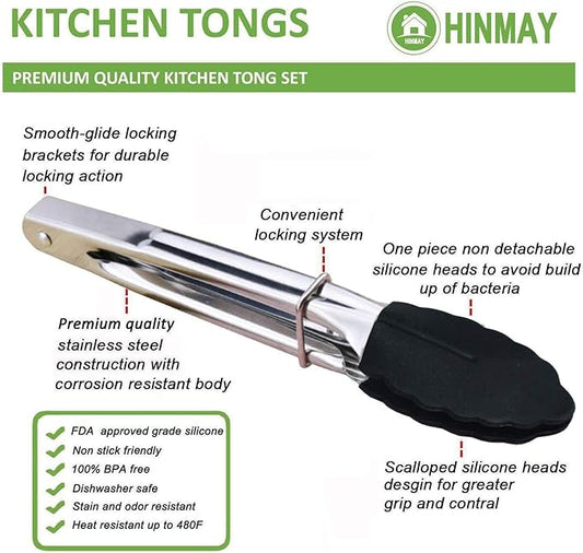 Mini Tongs with Silicone Tips 7-Inch Kitchen Tongs, Set of 3 (Black)