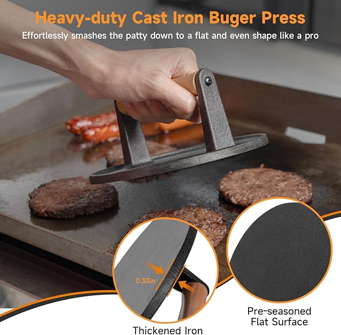 SHINESTAR Burger Press, 7" Cast Iron Smash Burger Press for Blackstone Griddle, Ideal for Patty, Burger, Bacon, Pre-Seasoned, Indoor and Outdoor Cooking, Round