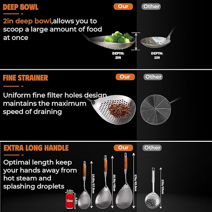 MARTE Skimmer Slotted Spoon Set of 4 - Kitchen Pasta Strainer Spoon - Spider Strainer Skimmer Ladle Spoon with Holder for Cooking and Frying Food, Spaghetti, Vegetable, Dumpling - 14.8In,16.5In,17In