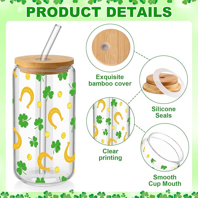 6 Pcs St Patrick's Day Glass Cups Shamrock Tumbler with Bamboo Lids and Straws 16 oz Irish Lucky Clover Reusable Can Shaped Drinking Glasses Bulk for St Patrick's Day Party Supplies