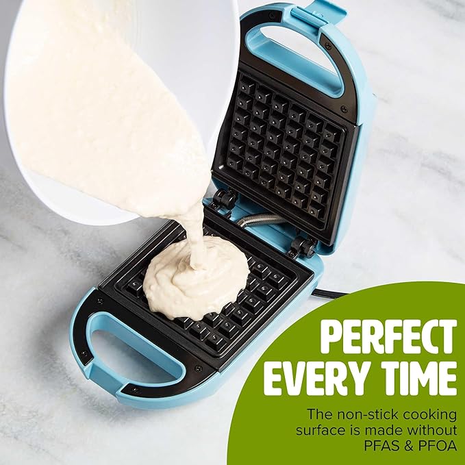 Tasty Mini Nonstick Waffle Maker, Perfect for Individual Waffles, Hash Browns, Brownies and more, Quick Results, Easy Clean Up, 600W, Blue