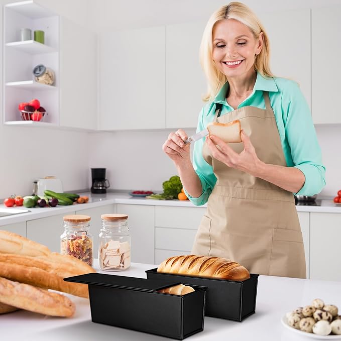 2 Pack 2 lb 13 x 4 Inch Pullman Loaf Pan with Lid Dough Capacity Bread Loaf Pan with Cover, Nonstick and Quick Release Coating for Home Bakeware Bread Toast Oven Baking(Black)