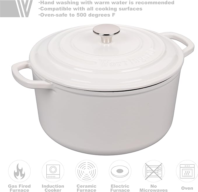 VORRINGARD Enameled Cast Iron Dutch Oven Pot with Lid, for Sourdough Bread Baking, Round Dutch Ovens, 4.5 Quart, White