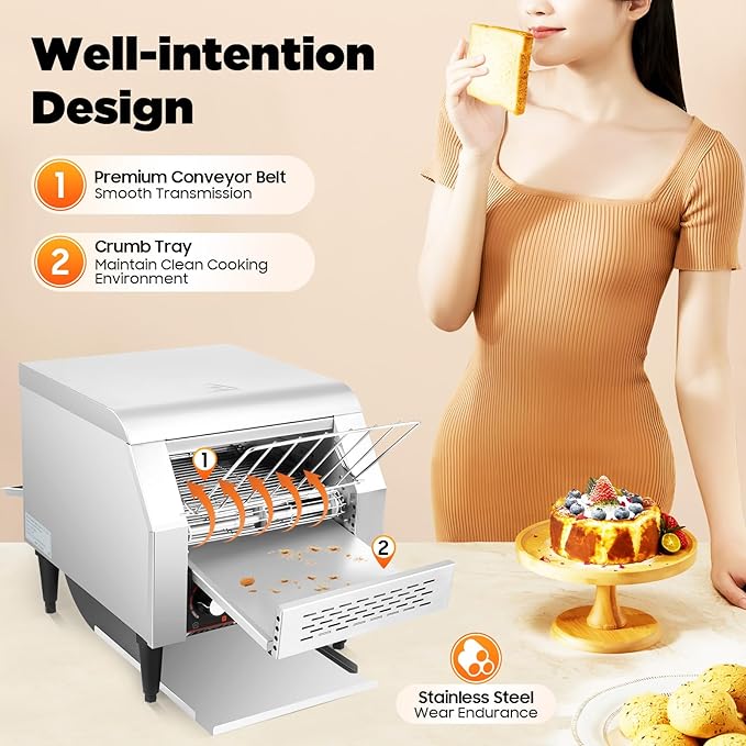 300 Slices/Hour Electric Conveyor Toaster, 2200W Stainless Steel Electric Oven with Dual Heating Tube 7-Speed Adjustments, Commercial Conveyor Toaster for Kosher, Buns and Sandwiches