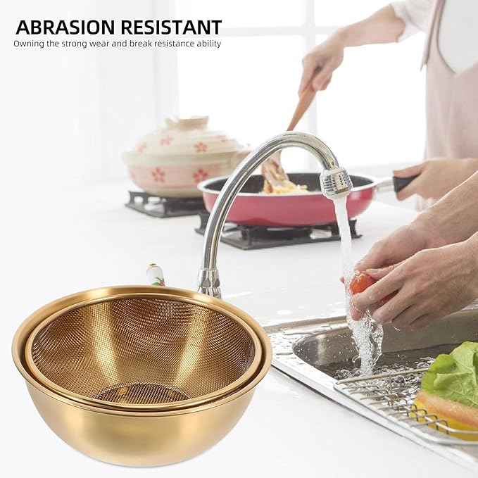 Stainless Steel Basin and Fine Mesh Rice Strainer Set 7.08In Kitchen Drainer for Washing Vegetables Fruits and Cooking Rice with Metal Colander Basket