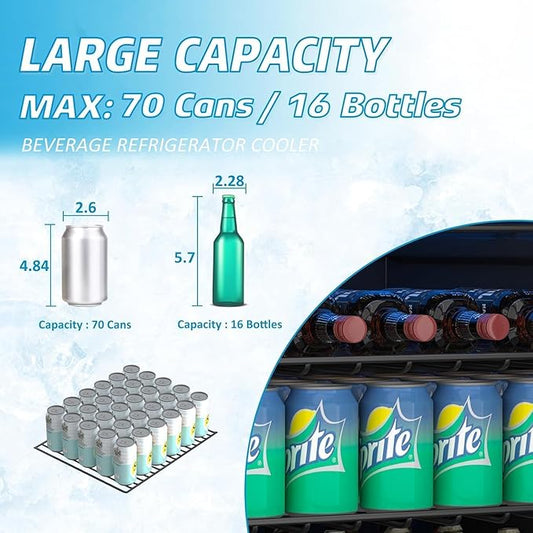 Compact Beverage Refrigerator, 1.7Cu.Ft/70 Can Mini Fridge with Glass Door and Digital Display, Small Drink Fridge with Adjustable Shelves for Soda, Beer, or Wine, Compact Fridge for Bedroom