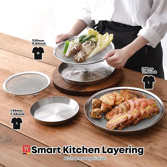 Stainless Steel Mesh Tray Set with Drip Pan, Air Fryer Basket and Tray, Kitchen Colander, Vegetable and Fruit Strainer, Food Filter, BBQ Prep Tool, Fruit Serving Dishes (11.42 inch)