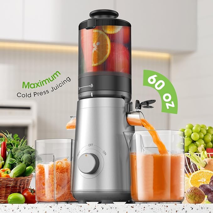 Cold Press Juicer Machines with 5.8" Large Feed Chute, Juicer for Whole Vegetables & Fruits, High Juice Yield (Grey)