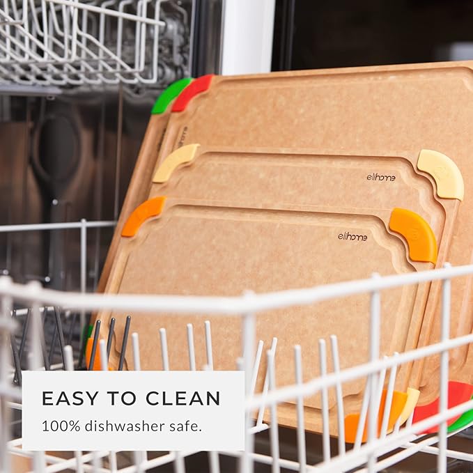 Elihome Premium Series 4-in-1 Kitchen Cutting Board Set, Non Slip Feet, Color Coded with Food Icon, Natural Wood Fiber, Dishwasher Safe, Eco-Friendly, Juice Grooves,Non Porous, BPA Free, Made in USA