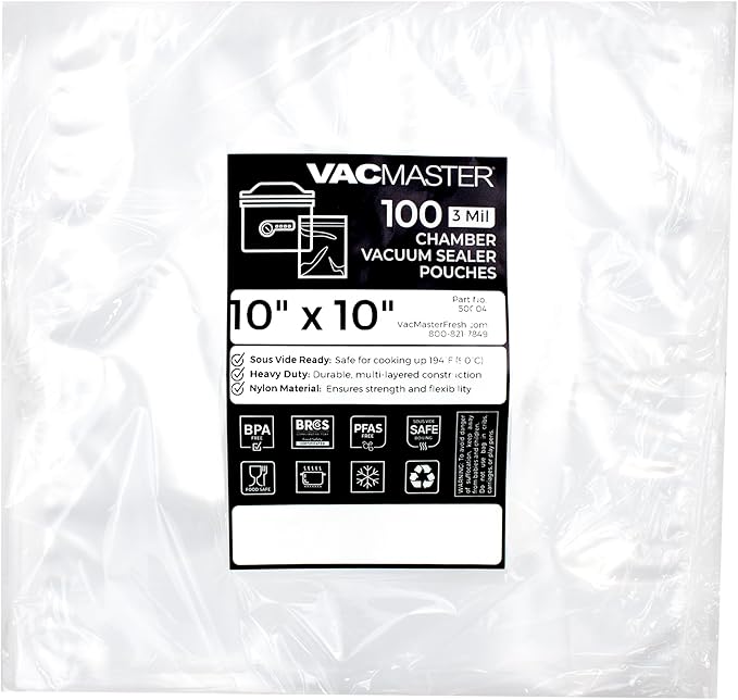 VacMaster 10 inch by 10 inch Heavy Duty 3 Mil Chamber Vacuum Sealer Bags - 1,000 Pre Cut Clear Chamber Machine Pouches Per Case, BPA Free, 30724