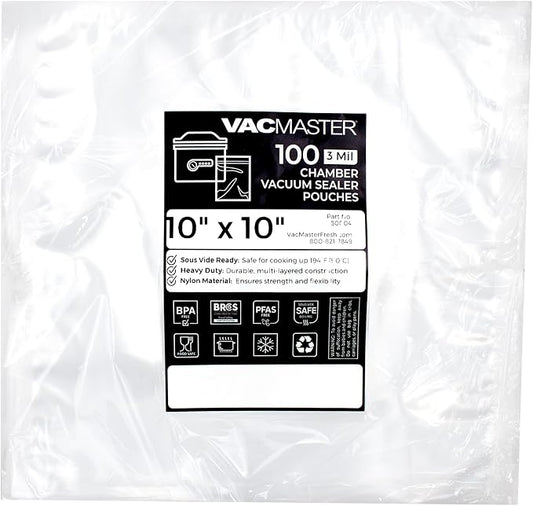 VacMaster 10 inch by 10 inch Heavy Duty 3 Mil Chamber Vacuum Sealer Bags - 1,000 Pre Cut Clear Chamber Machine Pouches Per Case, BPA Free, 30724