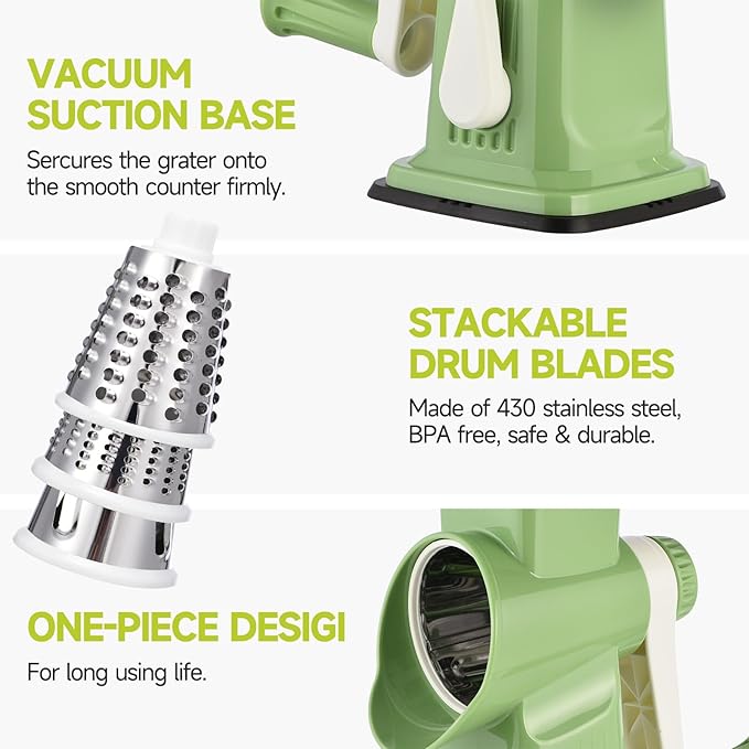Rotary Cheese Grater with Handle Kitchen Shredder Slicer Grater Slicer Ice Shaver Cheese Vegetable Nuts Potato Zucchini Chocolate 3 Interchangeable Blades (Green)