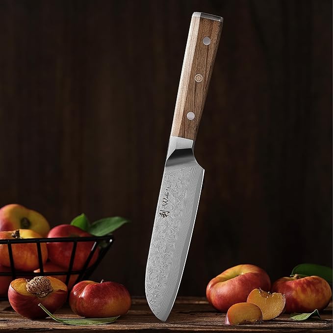 Wakoli Oribu Small Santoku Knife – Full Tang Kitchen Knife | 5-Inch Blade Made of 67-Layer Damascus Steel with AUS-10 Core | Ergonomic Olive Wood Handle | Sharp & Durable