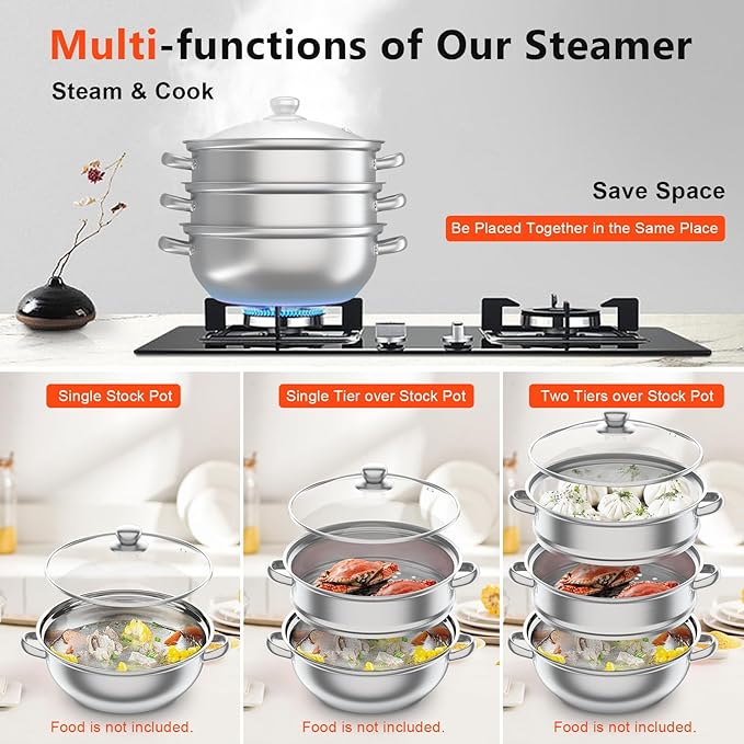 12.8in 3 Tier Stainless Steel Steamer Pot Multipurpose Stainless Steel Steam Pot Cookware Steamer Pot with Lid for Cooking Vegetable Stock Sauce Food