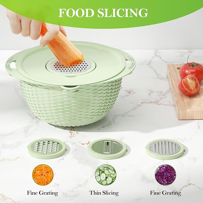 4-1 Colander with Bowl Set - Strainers for Kitchen, Food Strainers and Colanders, Pasta Strainer, Rice Strainer, Fruit Cleaner, Veggie Wash, Salad Spinner, Aesthetic Kitchen Essentials - Green