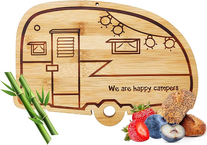Happy Camper Bamboo Cutting Board,Retro RV Engraved Camping Cutting Board, Camper Decor RV Gift for Couple,Camping,Housewarming&Party