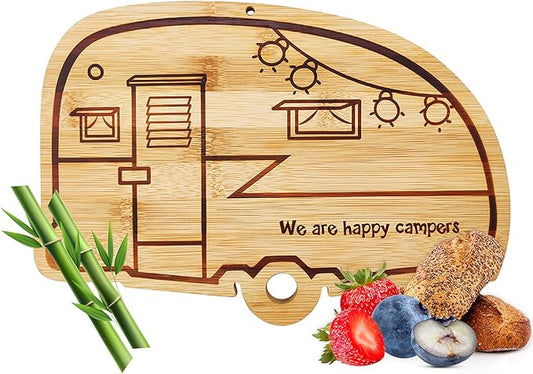 Happy Camper Bamboo Cutting Board,Retro RV Engraved Camping Cutting Board, Camper Decor RV Gift for Couple,Camping,Housewarming&Party