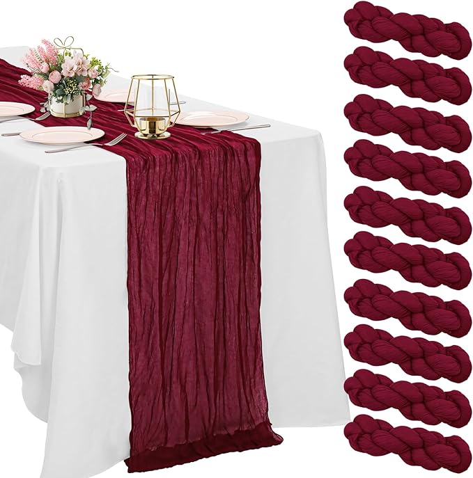 10 Pack Burgundy Cheesecloth Table Runner 6FT Boho Gauze Fabric Table Runner Vintage Rustic Sheer Runners for Wedding Party Bridal Baby Shower Long Table Decorations