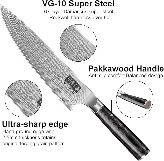 MDHAND Damascus Knife Set, 3PCS Ultra Sharp 10Cr15CoMoV Super Steel Japanese Kitchen Knife, Professional Chef Knife Set with Black Pakkawood Handle, Including Chef, Santoku & Paring Knife, Elegant Box
