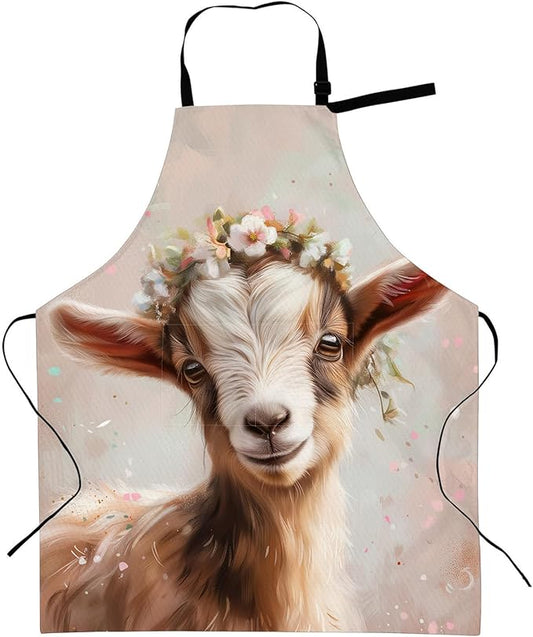 Cute Goat Apron with Adjustable Neck Strap,Artistic Floral Crown Kitchen Aprons with 2 Pockets for Women,28x33in,Oxford Fabric,Gifts for Wife Mom,For Chef Cooking Baking Gardening BBQ