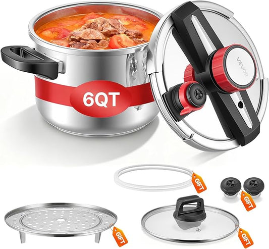 VEVOR Pressure Cooker, 6.3Qt Pressure Cooker Stainless Steel, Pressures Canner with Steaming Rack, Tempered Glass Lid, Three Pressures Settings for Meat, Beans, Rice, Soup, Sauces, Cook up to 100 kPa