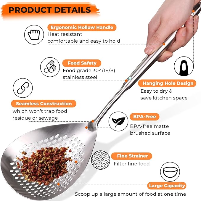 MARTE Skimmer Slotted Spoon,304 Stainless Steel Pasta Spider Strainer Ladle for Frying and Cooking, Set of 2 Colanders & Food Strainers，Kitchen Utensils Spaghetti Spoon with Heat-Resistant Handle