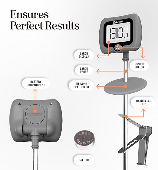 Digital Candy Thermometer with Pot Clip, 10" Long Stainless Steel Probe, Instant Read Kitchen Thermometer for Cooking, Baking, and Candy Making (Grey)
