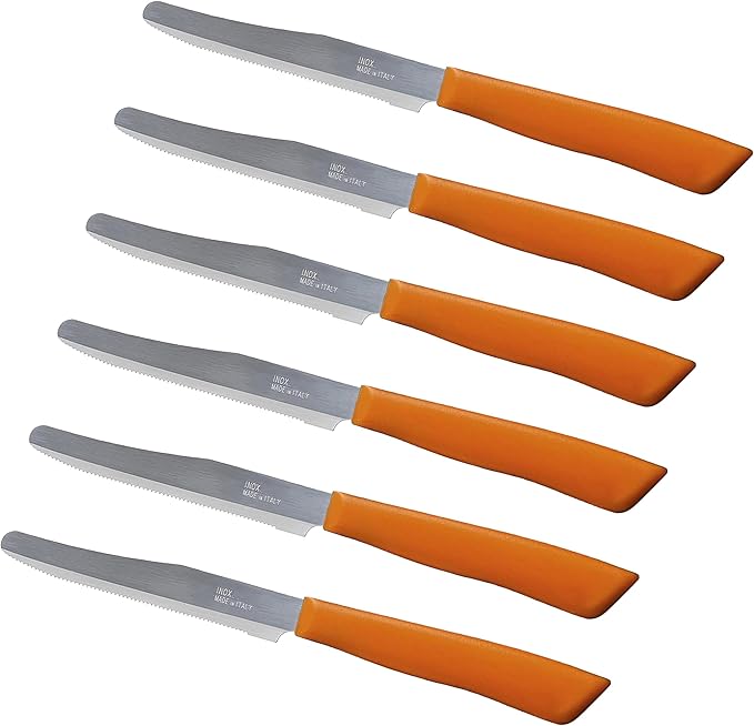 Tredoni 6 kitchen Knives - 4.3"/11cm Italian Stainless Steel Serrated Vegetable/Steak/Table Knife Cutlery, Rounded Tip (Orange)