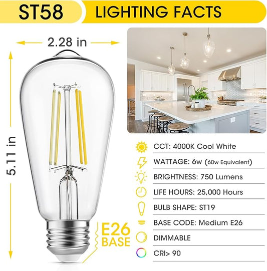 Edison Light Bulbs 60W Equivalent, Dimmable Vintage LED Light Bulbs, E26 Medium Base, Cool White 4000K, ST58, 6W, 750LM, 90+ CRI, Antique Decorative Filament LED Bulb, Clear Glass, 8 Pack
