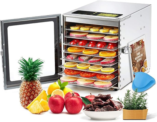Food-Dehydrator Machine 8 Stainless Steel Trays, 500W Jerky Dehydrator for Meat, 190ºF Mushroom Dryer, 24H Timer Fruits Dryer for Herbs, Veggies, Yogurt & Dog Treats